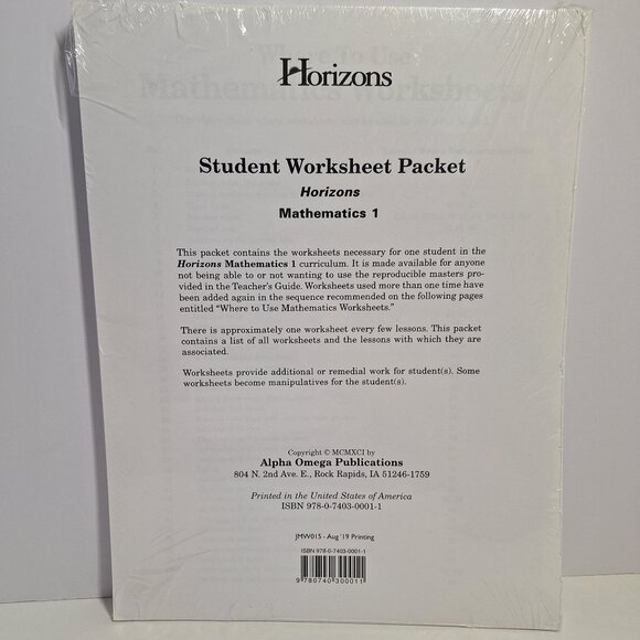 Alpha Omega Publications Other - Horizons Mathematics 1 Student Worksheet Packet 2019 Printing